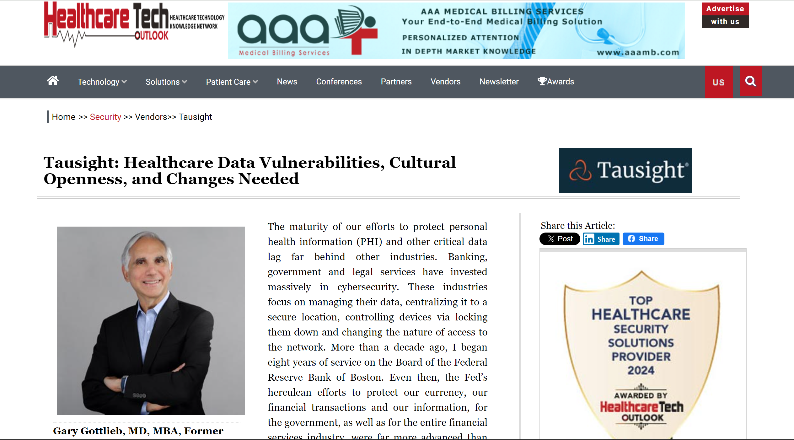 Healthcare Tech Outlook Gary Gottlieb contributory article: Healthcare Data Vulnerabilities, Cultural Openness, and Changes Needed