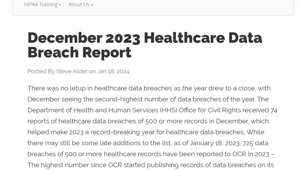 HIPAA December 2023 Healthcare Data Breach Report Tausight