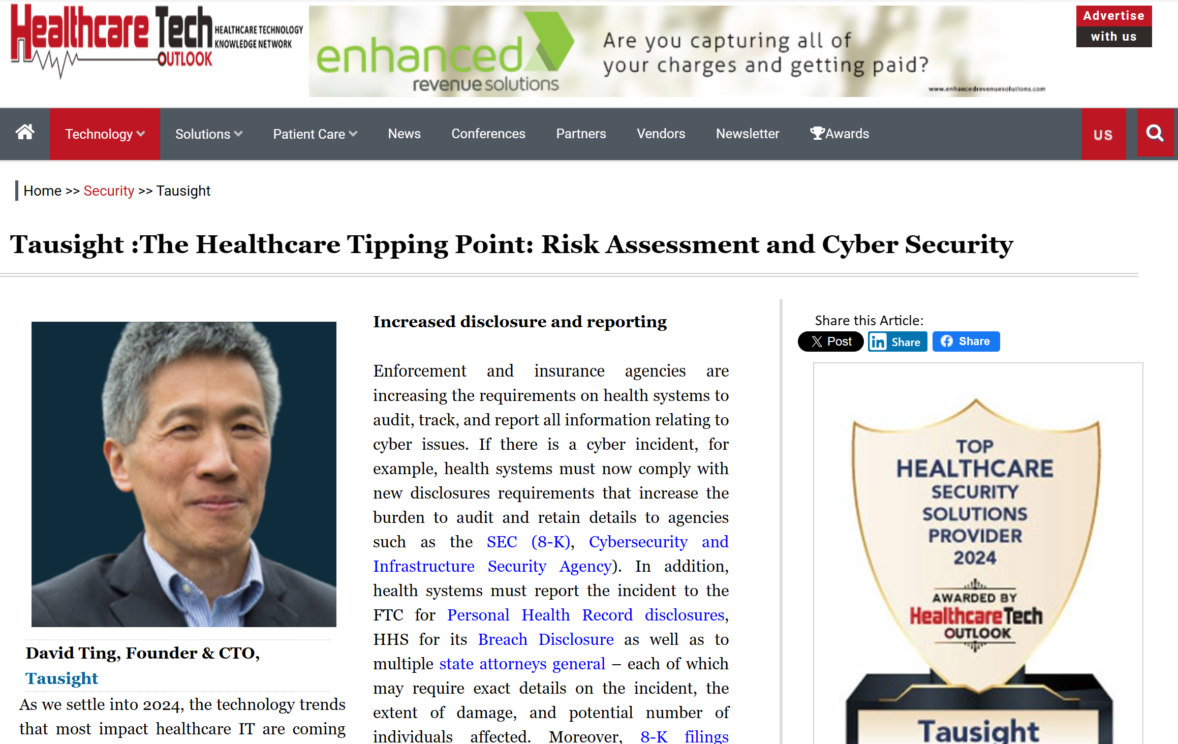 Healthcare Tech Outlook David Ting, Tausight vendor viewpoint – The Healthcare Tipping Point: Risk Assessment and Cyber Security